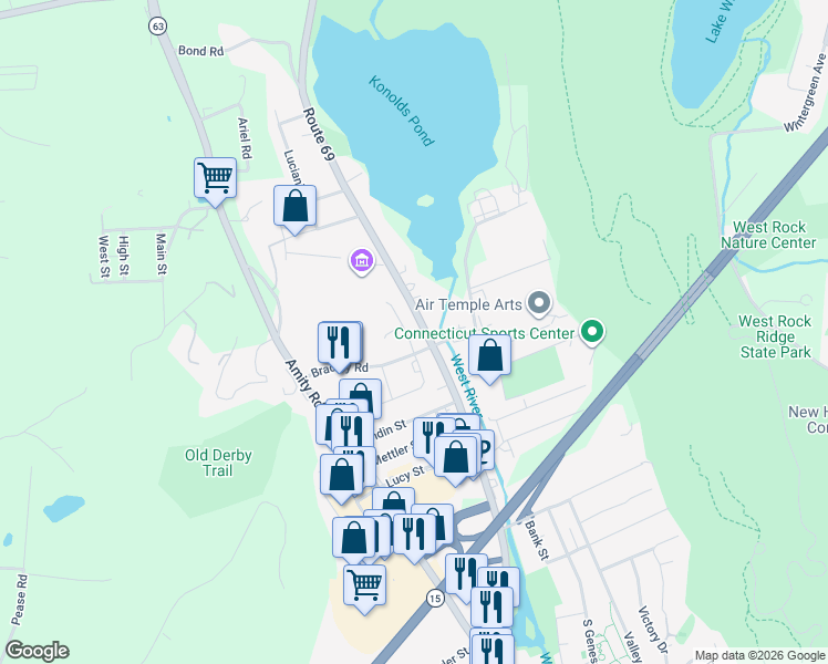 map of restaurants, bars, coffee shops, grocery stores, and more near 1721 Connecticut 69 in Woodbridge
