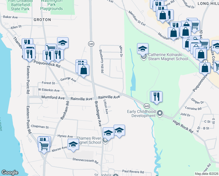 map of restaurants, bars, coffee shops, grocery stores, and more near 331 Poquonnock Road in Groton