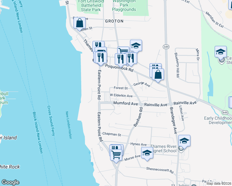 map of restaurants, bars, coffee shops, grocery stores, and more near 79 West Elderkin Avenue in Groton