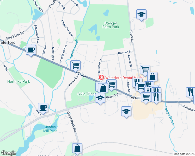 map of restaurants, bars, coffee shops, grocery stores, and more near 185 Boston Post Road in Waterford