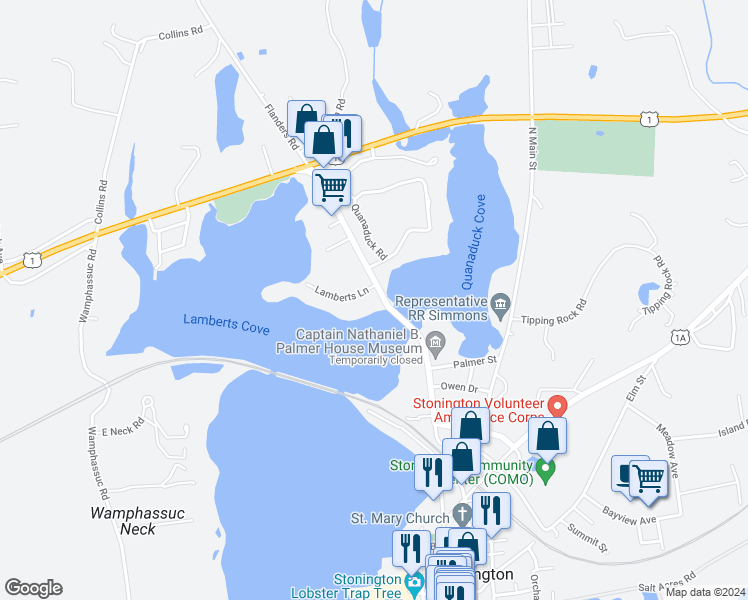map of restaurants, bars, coffee shops, grocery stores, and more near 240 North Water Street in Stonington