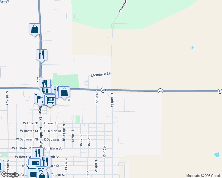 map of restaurants, bars, coffee shops, grocery stores, and more near 915 Iowa 92 in Winterset