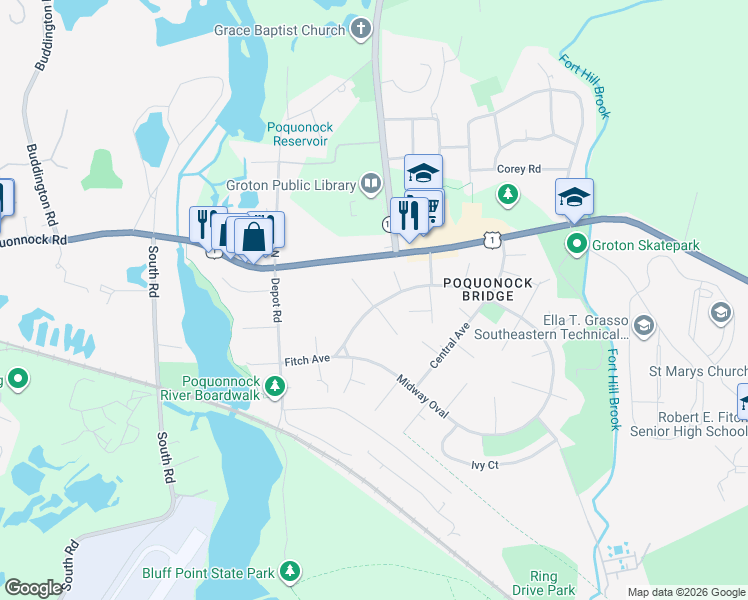 map of restaurants, bars, coffee shops, grocery stores, and more near 245 Midway Oval in Groton