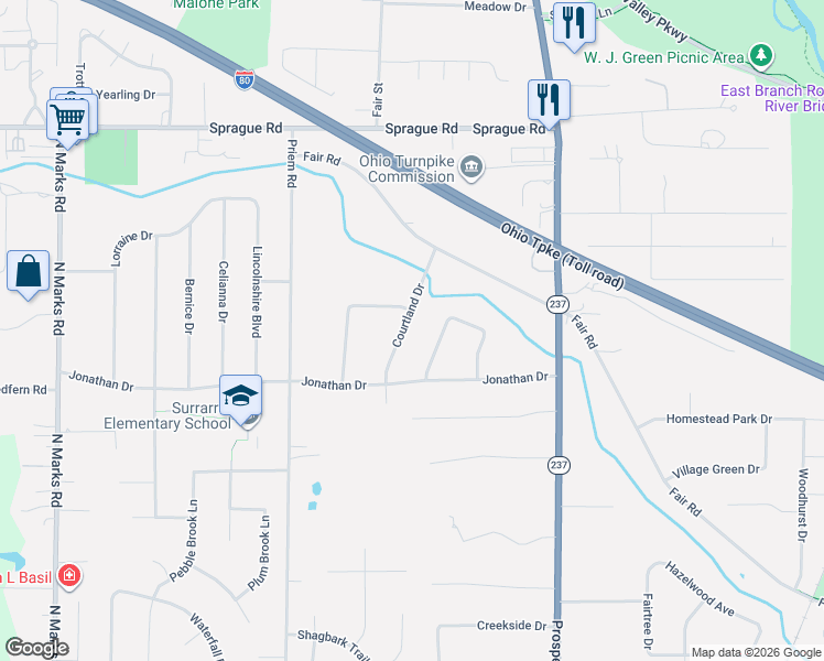 map of restaurants, bars, coffee shops, grocery stores, and more near 8646 Courtland Drive in Strongsville