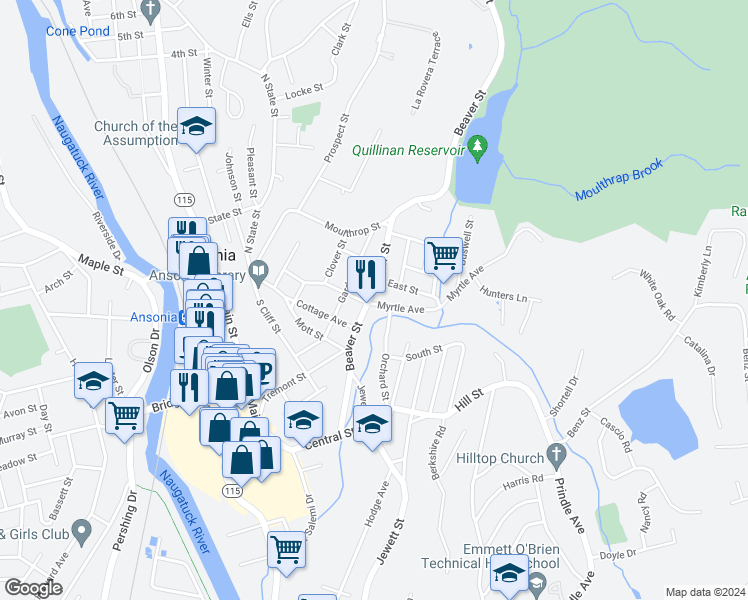 map of restaurants, bars, coffee shops, grocery stores, and more near 128 Beaver Street in Ansonia