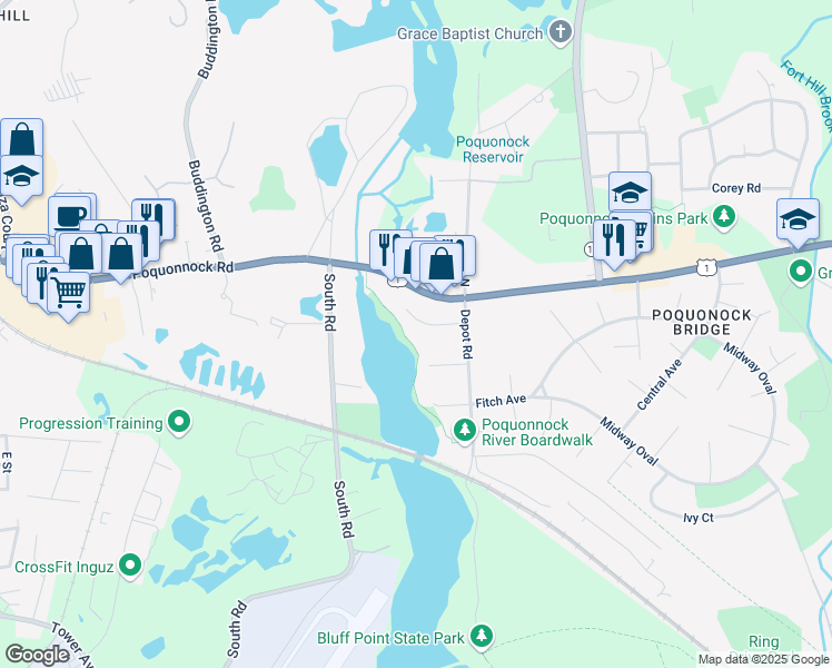 map of restaurants, bars, coffee shops, grocery stores, and more near 35 Raleigh Court in Groton