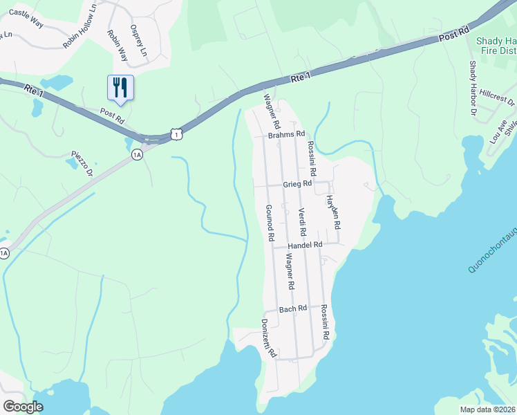 map of restaurants, bars, coffee shops, grocery stores, and more near 37 Gounod Road in Westerly