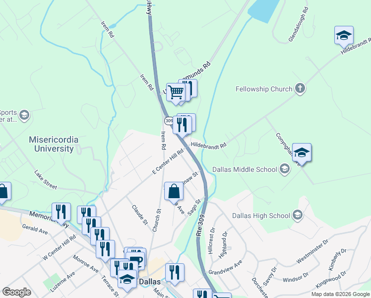 map of restaurants, bars, coffee shops, grocery stores, and more near 400-498 Tunkhannock Highway in Dallas