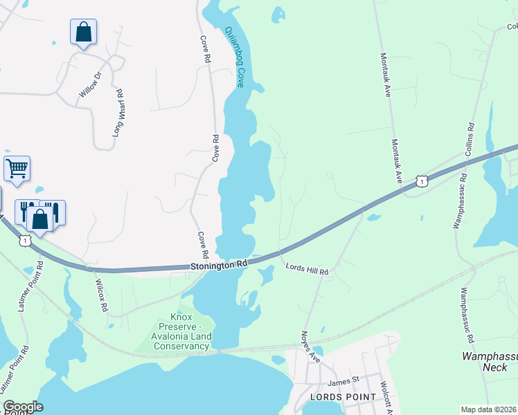 map of restaurants, bars, coffee shops, grocery stores, and more near 27 Wilbur Road in Stonington