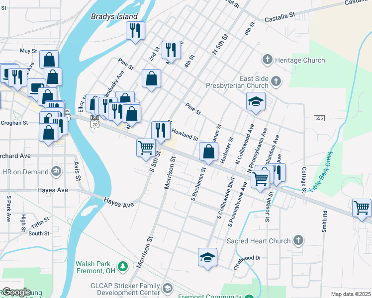 map of restaurants, bars, coffee shops, grocery stores, and more near 728 East State Street in Fremont