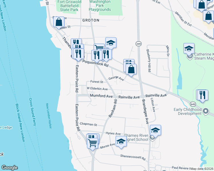 map of restaurants, bars, coffee shops, grocery stores, and more near 107 Benham Road in Groton