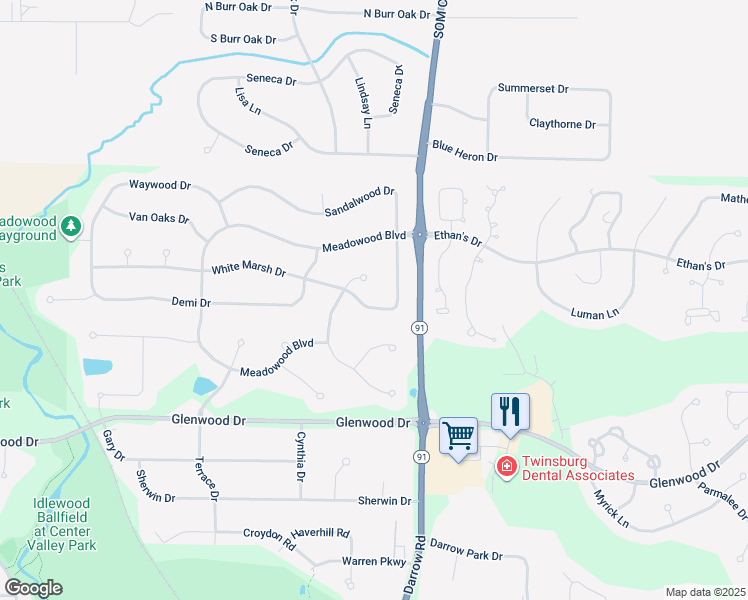 map of restaurants, bars, coffee shops, grocery stores, and more near 2433 White Marsh Drive in Twinsburg