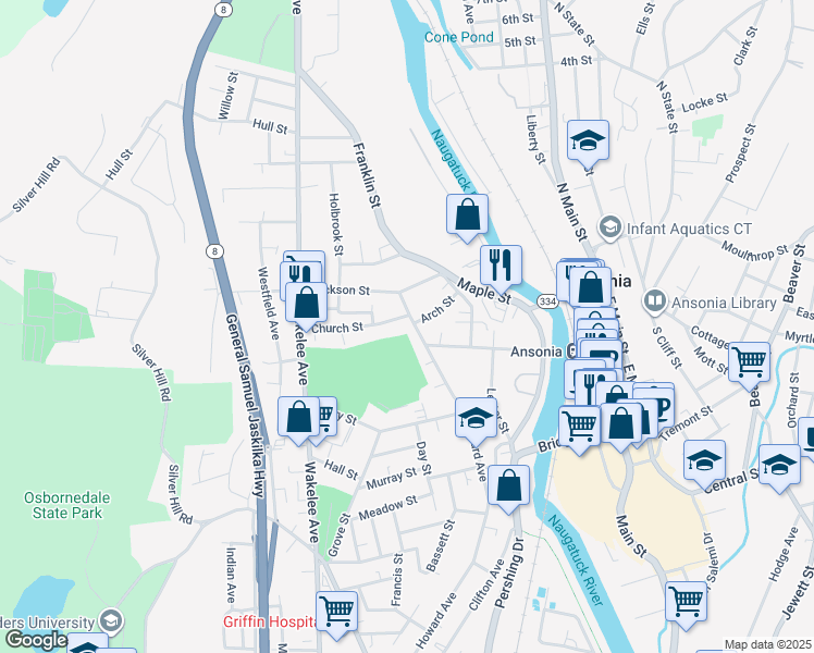 map of restaurants, bars, coffee shops, grocery stores, and more near 186 Howard Avenue in Ansonia