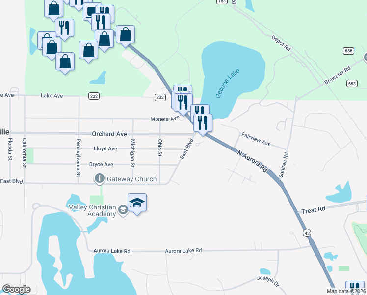 map of restaurants, bars, coffee shops, grocery stores, and more near 850 East Boulevard in Aurora