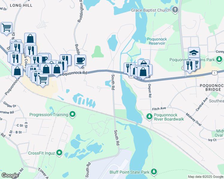 map of restaurants, bars, coffee shops, grocery stores, and more near 82 South Road in Groton