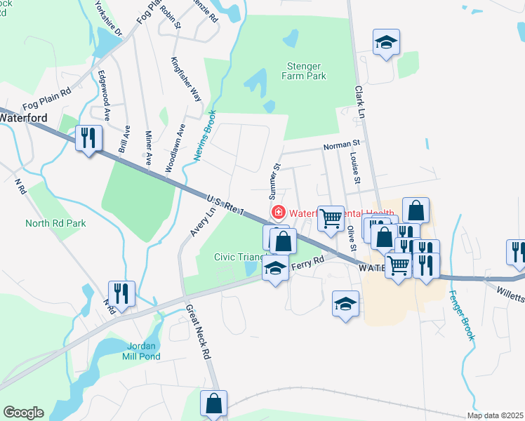 map of restaurants, bars, coffee shops, grocery stores, and more near 185 Boston Post Road in Waterford