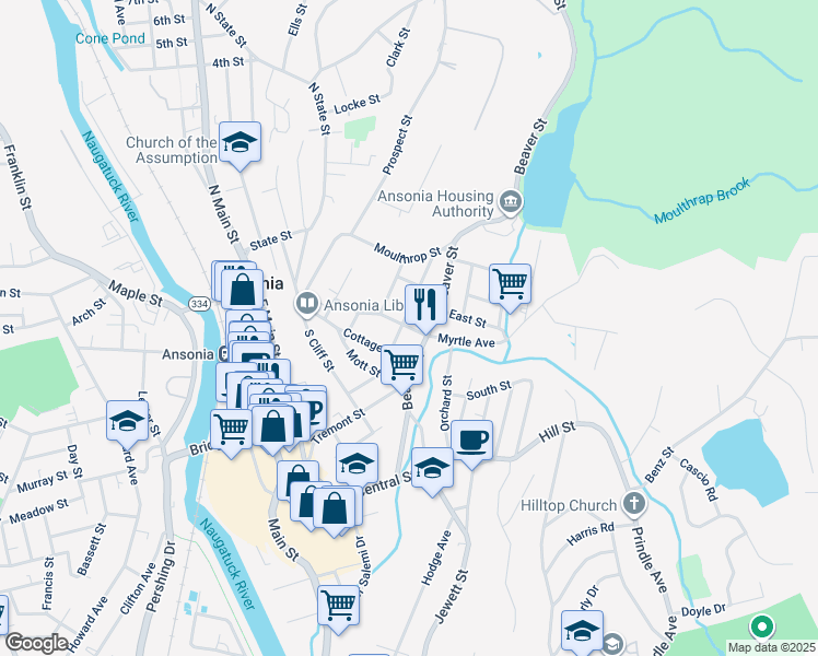 map of restaurants, bars, coffee shops, grocery stores, and more near 125 Beaver Street in Ansonia