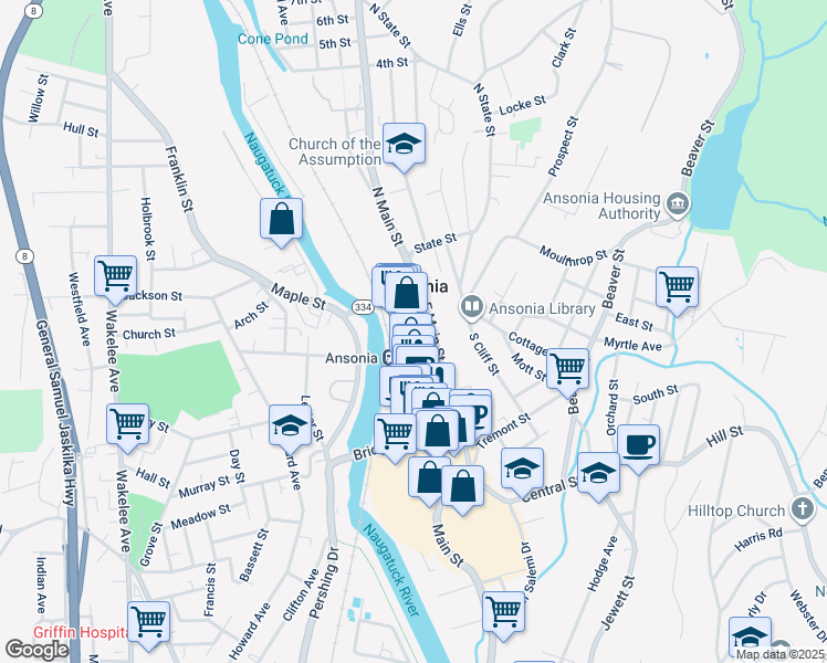 map of restaurants, bars, coffee shops, grocery stores, and more near 501 East Main Street in Ansonia