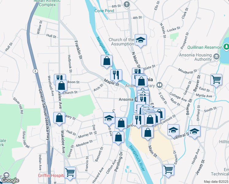map of restaurants, bars, coffee shops, grocery stores, and more near 66 High Street in Ansonia