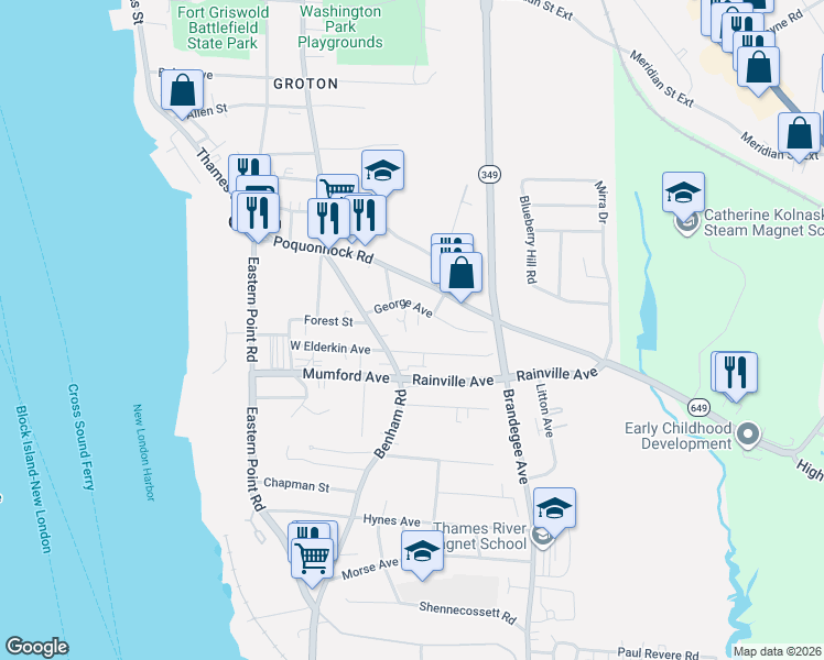 map of restaurants, bars, coffee shops, grocery stores, and more near 21 Fred Avenue in Groton