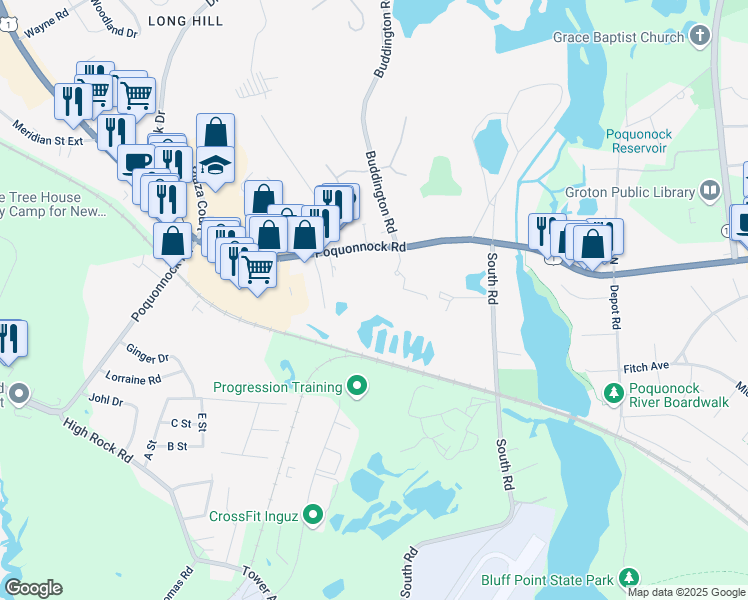 map of restaurants, bars, coffee shops, grocery stores, and more near 1145 Poquonnock Rd in Groton