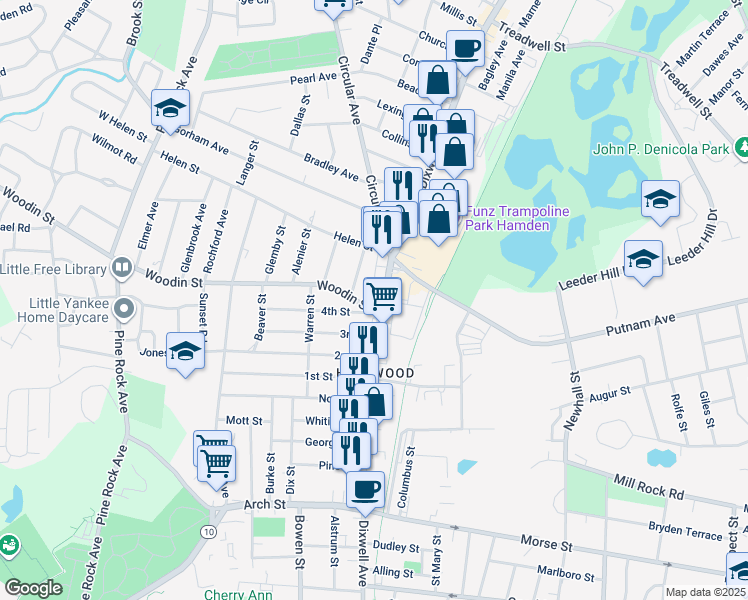 map of restaurants, bars, coffee shops, grocery stores, and more near in Hamden