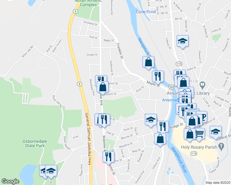 map of restaurants, bars, coffee shops, grocery stores, and more near 41 Church Street in Ansonia