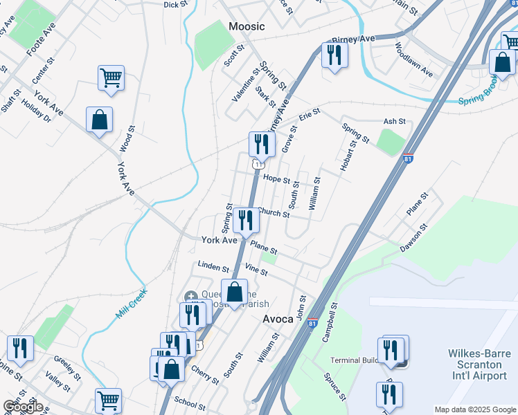 map of restaurants, bars, coffee shops, grocery stores, and more near 1128 Main St in Avoca