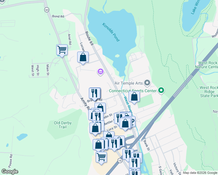 map of restaurants, bars, coffee shops, grocery stores, and more near 1722 Litchfield Turnpike in Woodbridge