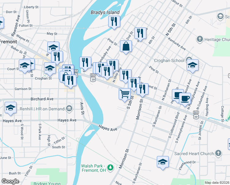 map of restaurants, bars, coffee shops, grocery stores, and more near 407 East State Street in Fremont