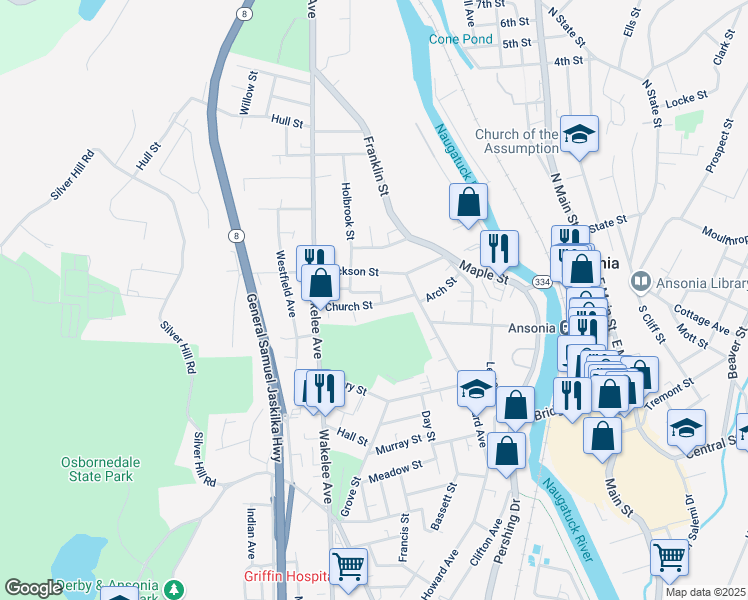 map of restaurants, bars, coffee shops, grocery stores, and more near 30 Church Street in Ansonia