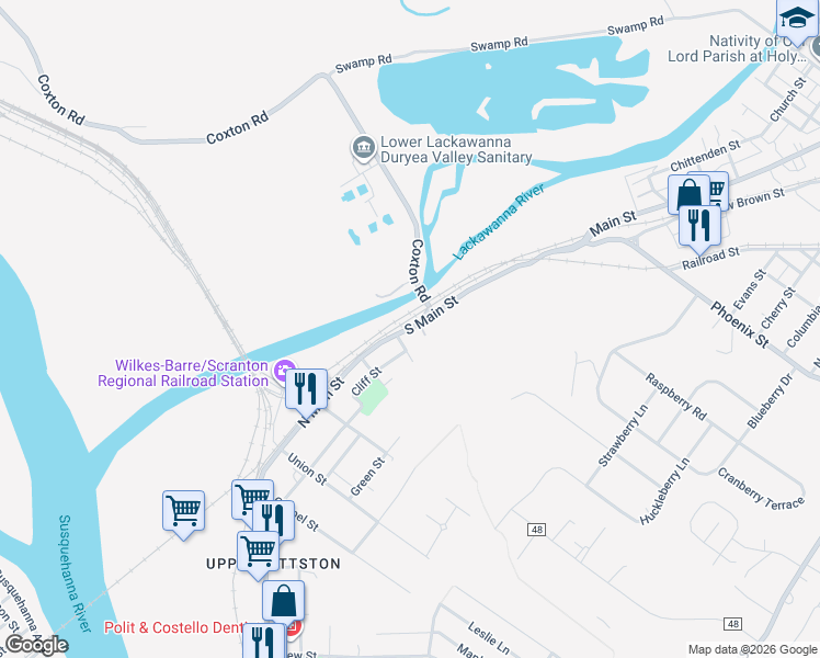 map of restaurants, bars, coffee shops, grocery stores, and more near 8 Curry Street in Pittston