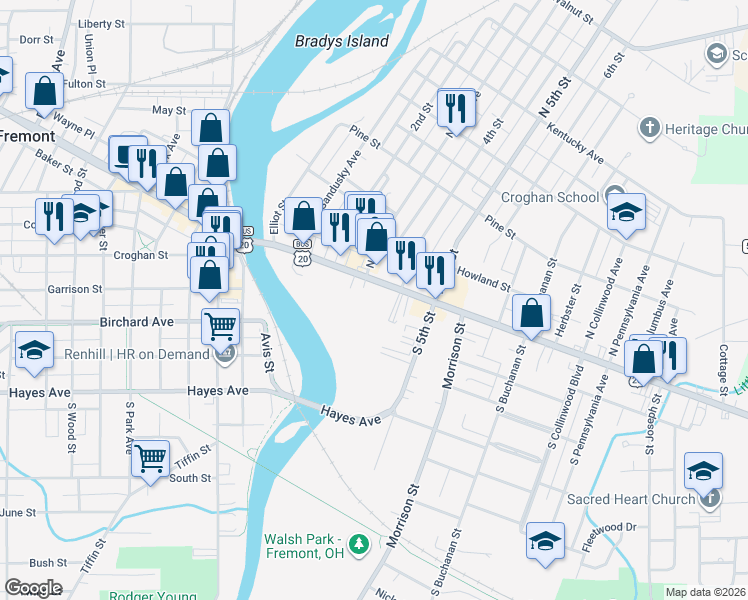 map of restaurants, bars, coffee shops, grocery stores, and more near 407 East State Street in Fremont