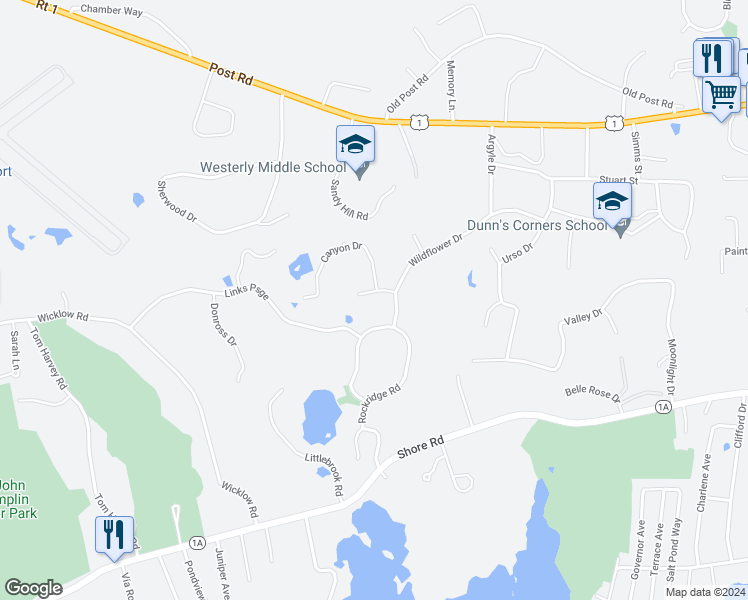 map of restaurants, bars, coffee shops, grocery stores, and more near 40 Wildflower Drive in Westerly