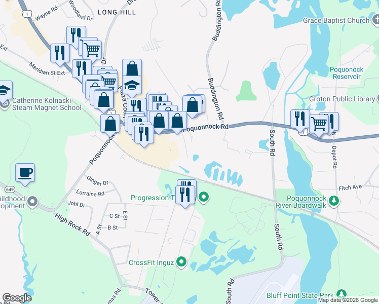 map of restaurants, bars, coffee shops, grocery stores, and more near 1039 Poquonnock Road in Groton