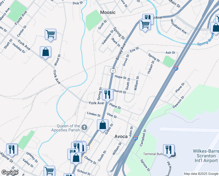 map of restaurants, bars, coffee shops, grocery stores, and more near 1128 Main St in Avoca