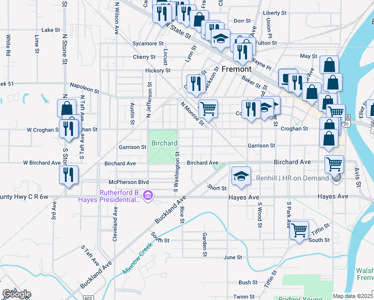 map of restaurants, bars, coffee shops, grocery stores, and more near 1124 Birchard Avenue in Fremont