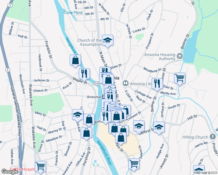 map of restaurants, bars, coffee shops, grocery stores, and more near 85 Main Street in Ansonia