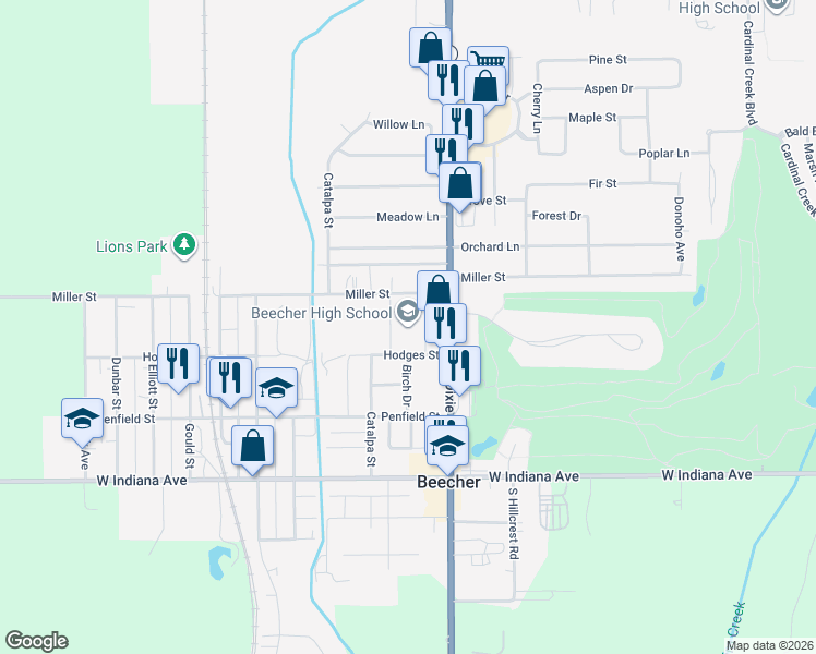 map of restaurants, bars, coffee shops, grocery stores, and more near 538 Miller Street in Beecher