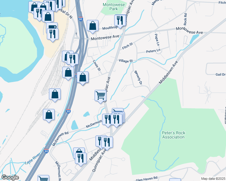 map of restaurants, bars, coffee shops, grocery stores, and more near 30 Palmer Road in North Haven