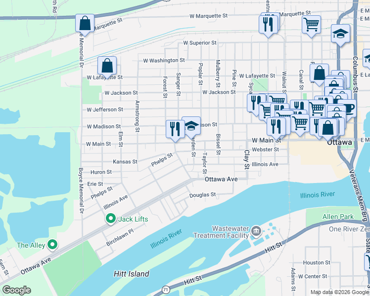 map of restaurants, bars, coffee shops, grocery stores, and more near 1102 Illinois Avenue in Ottawa