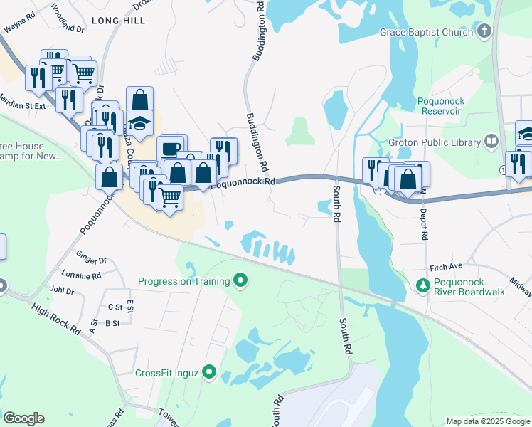 map of restaurants, bars, coffee shops, grocery stores, and more near 1145 Poquonnock Road in Groton