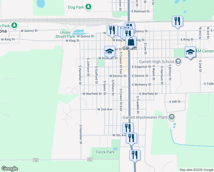 map of restaurants, bars, coffee shops, grocery stores, and more near 618 South Peters Street in Garrett