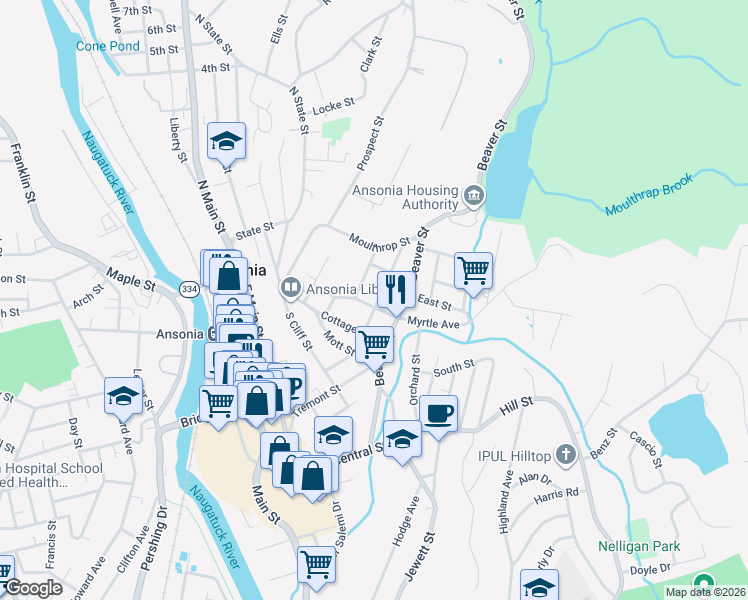 map of restaurants, bars, coffee shops, grocery stores, and more near 47 Garden Street in Ansonia