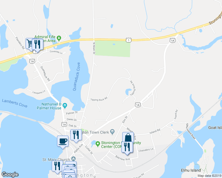 map of restaurants, bars, coffee shops, grocery stores, and more near 43 Tipping Rock Road in Stonington