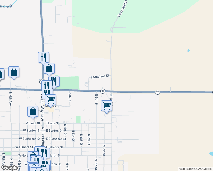 map of restaurants, bars, coffee shops, grocery stores, and more near 915 Iowa 92 in Winterset
