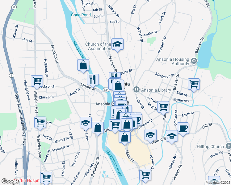 map of restaurants, bars, coffee shops, grocery stores, and more near 74 Main Street in Ansonia