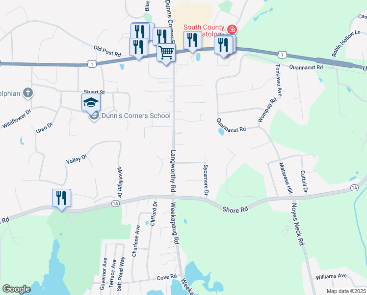 map of restaurants, bars, coffee shops, grocery stores, and more near 38 Langworthy Road in Westerly