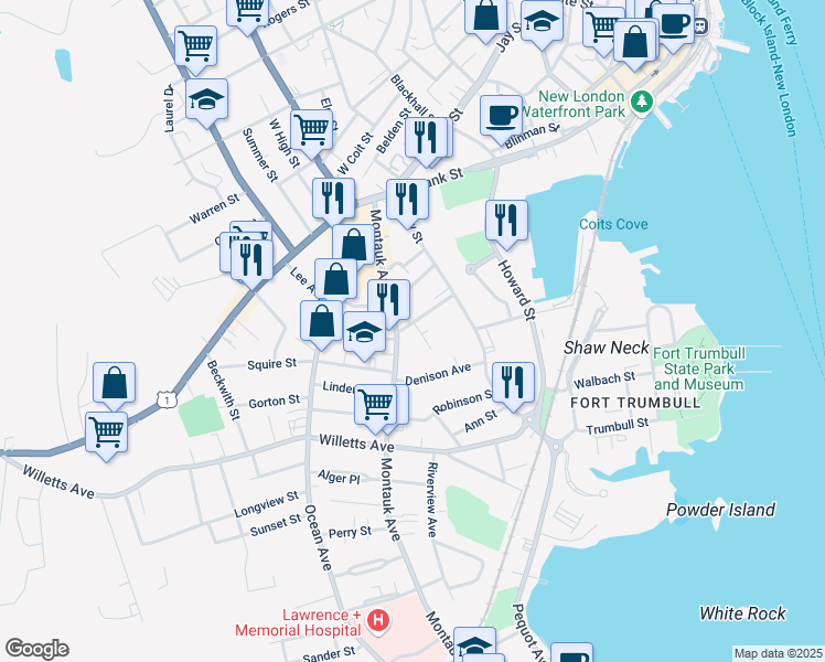 map of restaurants, bars, coffee shops, grocery stores, and more near 96 Montauk Avenue in New London