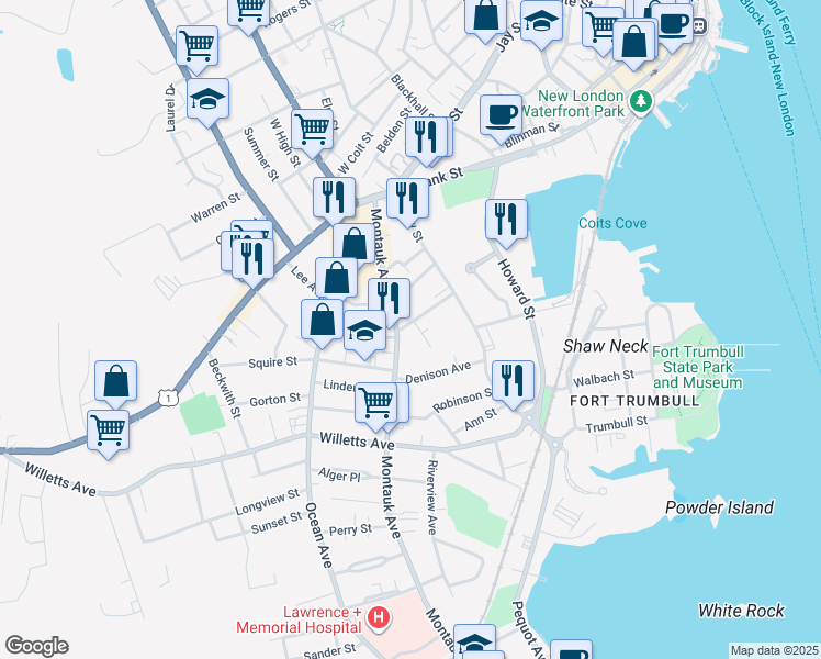 map of restaurants, bars, coffee shops, grocery stores, and more near 96 Montauk Avenue in New London